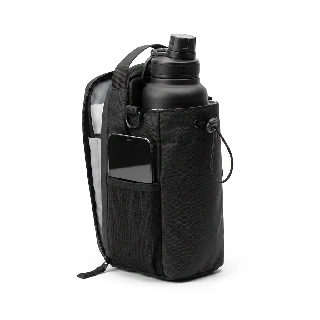 MagDock, sac de sport magnétique noir avec porte-bouteille et poche téléphone, fixé sur un rack de musculation