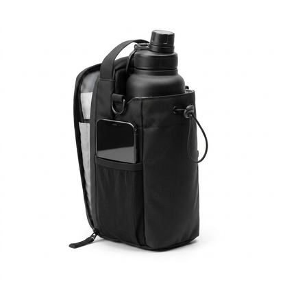 MagDock, sac de sport magnétique noir avec porte-bouteille et poche téléphone, fixé sur un rack de musculation