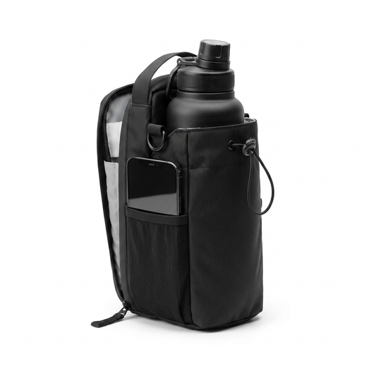 MagDock, sac de sport magnétique noir avec porte-bouteille et poche téléphone, fixé sur un rack de musculation
